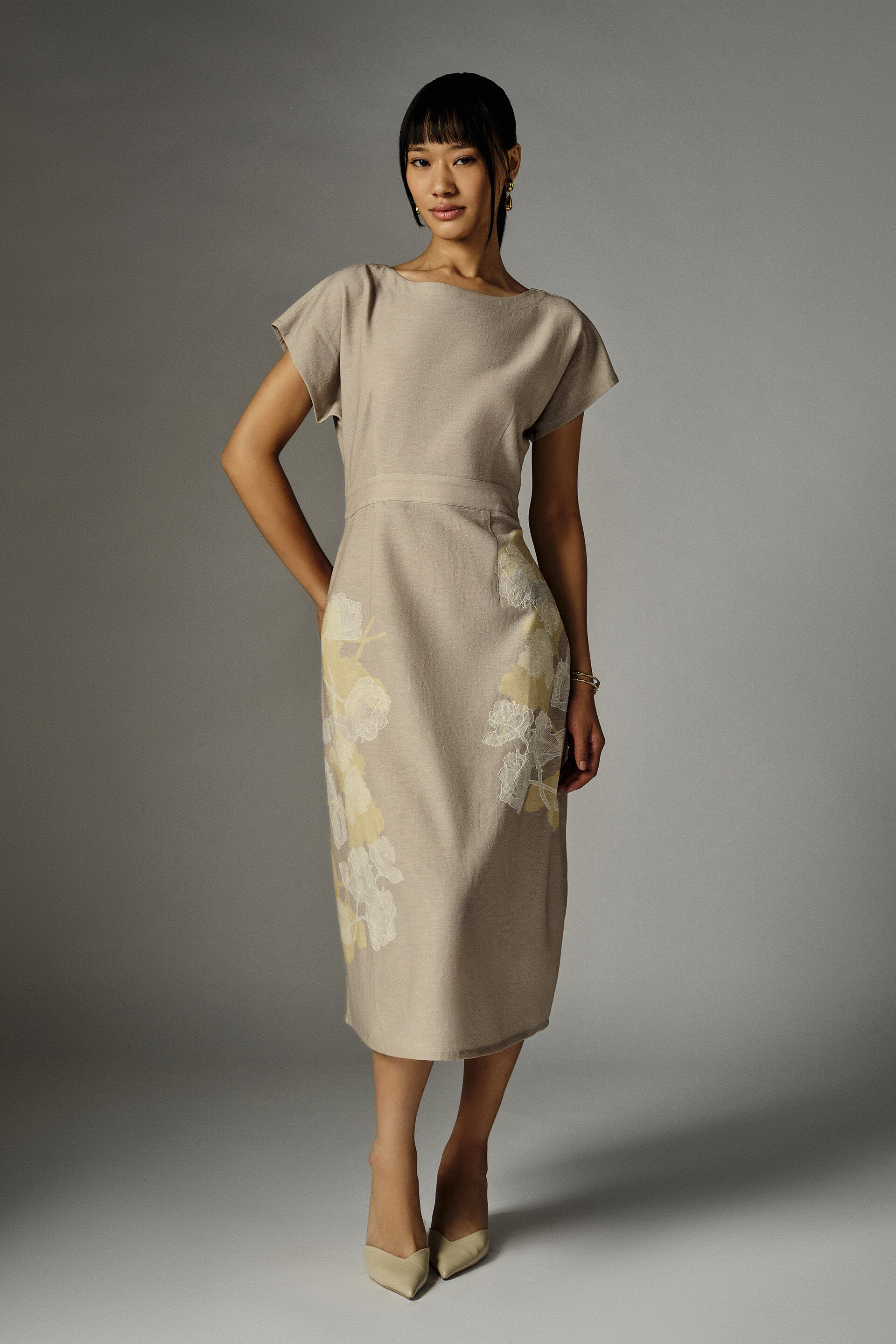 Nathalie Beige Embroidered Dress, Beige, image 2